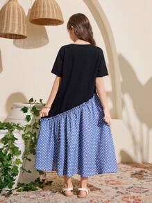 SHEIN Leap Crew Tween Girl Casual Holiday Color Blocking Round Neck Cap Sleeve Dress, Ramadan Dress - Black - View 2