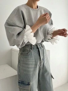SHEIN EZwear 女士圆领荷叶边袖口休闲宽松卫衣，毕业季、教师节、返校季套头衫 - 灰色 - 查看 2