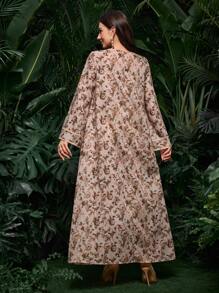 Al Najma Đầm Abaya cổ tròn họa tiết hoa nhỏ màu trơn viền cong có khăn trùm đầu, kín đáo - Màu be - Xem 4