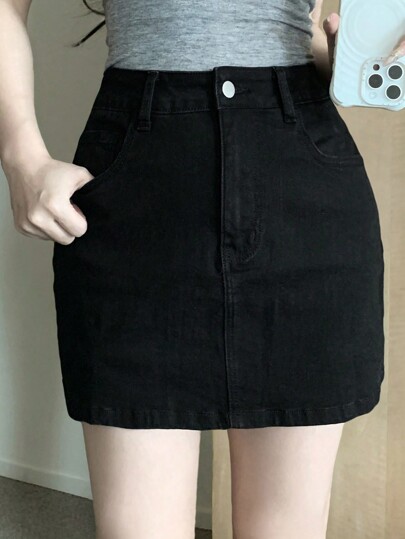 DAZY Women Tight Fitted Pocketed Cropped Black Denim Mini Skirt, Casual Jeans Skirt