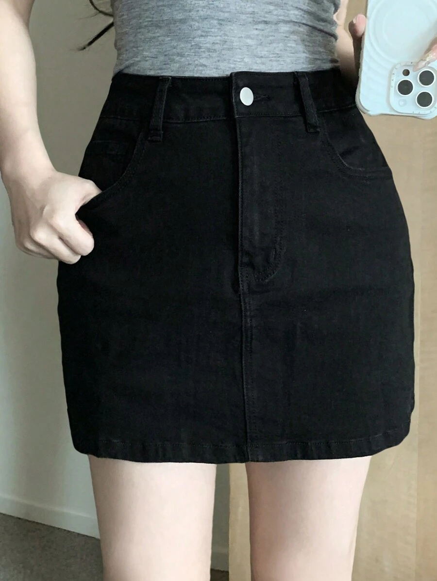 DAZY 女士紧身口袋短款黑色牛仔迷你裙，休闲牛仔裙 - 黑色 - 查看 1