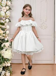 SHEIN Leap Crew Tween Girl Off-Shoulder Sweet Lace Flounce Sleeve Pleated Bust Puff Dress,Elegant White Summer Party Princess Dress For Flower Girl Wedding,Birthday - White - View 4