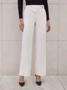 EURMUSE 女士商务直筒裤，配有金属扣装饰和侧拉链，优雅 - 白色 - 查看 3