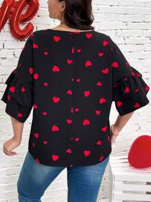 SHEIN CURVE+ CURVE PLUS /Valentine's Day/Plus Size Valentine's Day Cute Date & Party Red Heart Blouse, For Summer - Black - View 6