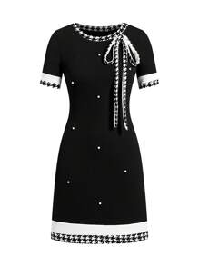 Ellevyn Women Pearl Decor Short Sleeve Dress, Spring - Black - View 5