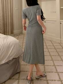 DAZY 蝴蝶结装饰碎花蕾丝拼布腰部收紧长睡袍，返校服睡衣