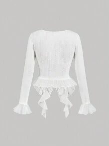 SHEIN MOD Plus Size Women Cute Romantic Vintage Ruffle Ribbon 3D Flower Decor T-Shirt, White