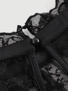 SHEIN MOD 复古浪漫透明蕾丝荷叶边衬衫 - 黑色 - 查看 4