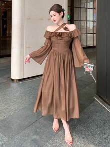 DAZY Fitted Pieced Ruffle Off Shoulder Standout Floral Decor Midi Dress For Women,Fall Dress Long Sleeve Dress