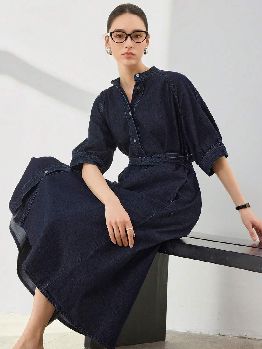 Dazy-Less 商务休闲办公装 A 字型女式牛仔连衣裙，收腰，腰线复古风格 - 深色水洗藍 - 查看 1