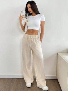 SHEIN PETITE 女士百搭休闲条纹直筒裤 - 卡其色 - 查看 7