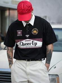 DAZY Summer Men's Letter Print Black Polo Shirt - Black and White - View 4