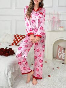 Valentine's Day Notched Collar Cardigan Heart Print Contrast Color Long Sleeve & Long Pants Pajama Set, Fall Clothes - Pink - View 4