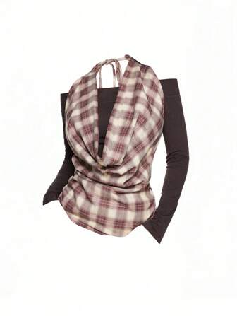 Grunge Punk Camiseta de mujer de cuello halter con hombros descubiertos a cuadros retro