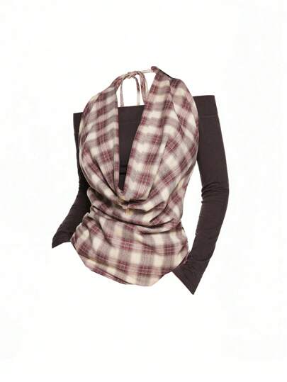 Grunge Punk Maglietta da donna retrò a quadri, con spalle scoperte e scollo a canottiera