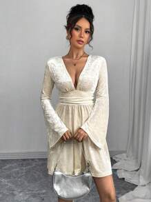 Chiquease Vestido con cuello en V simple, mangas acampanadas y plisadas para uso diario informal de la mujer - Albaricoque - Ver 6