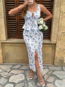 Calvaya Damesset van 2 stuks: top met bloemenprint en elegante rok, blauw