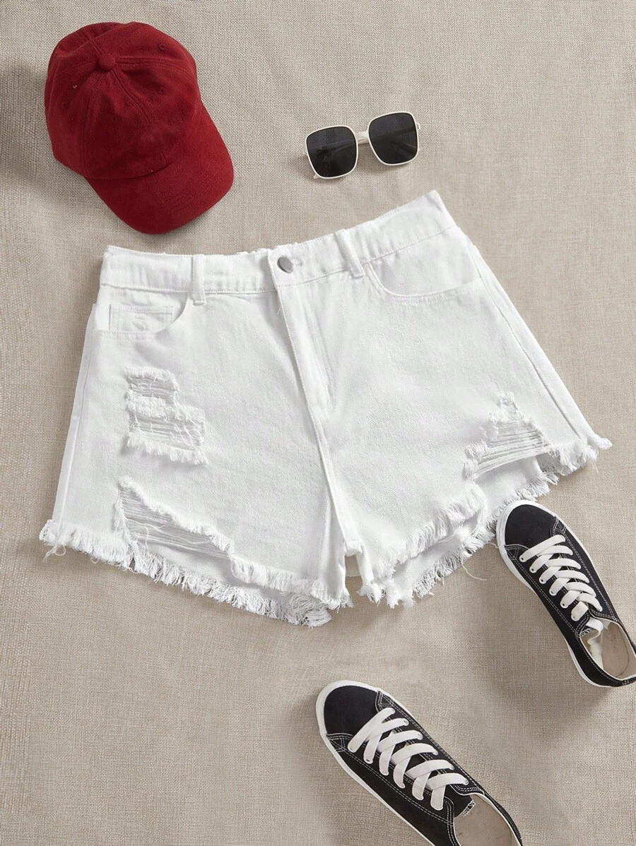 SHEIN EZwear Plus Size Plain Color Casual Denim Shorts - White - View 1