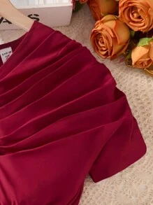 青少年女孩传统文化堆叠设计上衣 + 泡泡裙 2 件套 - 酒紅色 - 查看 6