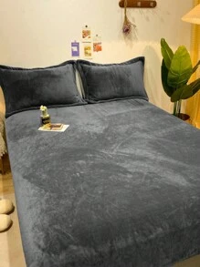 3 pièces Drap-housse en velours cristal gris charbon avec passepoil et 2 pièces taies d'oreiller, lavable en machine