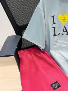 SHEIN Leap Crew 2pcs Set Teenboy's Casual Simple Versatile Street Style Cost-Effective Portrait Print Round Neck Knit Short-Sleeved T-Shirt Shorts Two-Piece SetSpring Wear; Teen Boys' Clothing; Teen Boy' Jackets, Spring Back To School