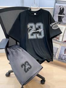 SHEIN Leap Crew 2 Pcs Teenboy Letter Printed Round Neck Short Sleeve T-Shirt And Shorts Set, Suitable For Spring, Suitable For Spring/Summer Outing, Spring - Black - View 1