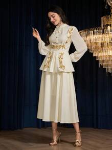 Modelyn 2pcs Women Floral Print Chiffon Blouse And A-Line Skirt Set, Elegant And Romantic - White - View 7