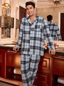 Plaid Print Open Collar Loose Long Sleeve Men Pajama Set' - Blue - View 7