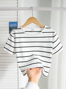 SHEIN Áo thun cổ tròn tay ngắn phối sọc Nova thường ngày cho bé gái tuổi teen - trắng - Xem 2