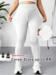 SHEIN CURVE+ Mallas de cintura alta elástica de un solo color en talla grande - Blanco - Ver 1
