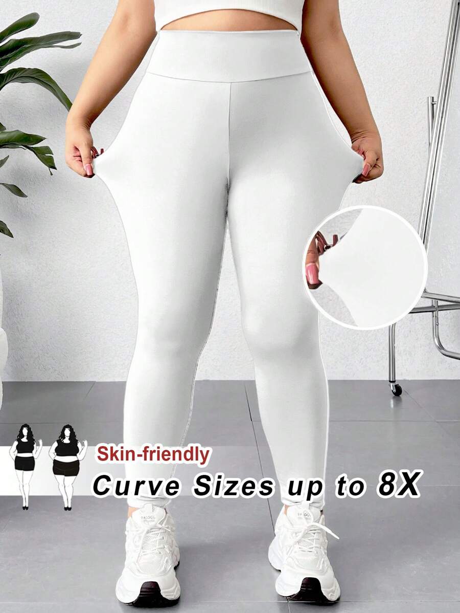 SHEIN CURVE+ Mallas de cintura alta elástica de un solo color en talla grande - Blanco - Ver 1