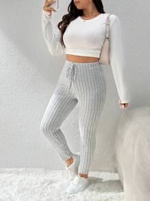 SHEIN Frenchy Pantalón ajustado de talla grande, leggings de punto acanalado de unicolor