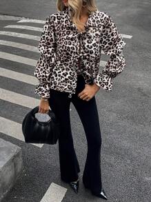 SHEIN Essnce Women Leopard Print Bowknot Front Long Sleeve Shirt With Puff Sleeves, Spring/Summer