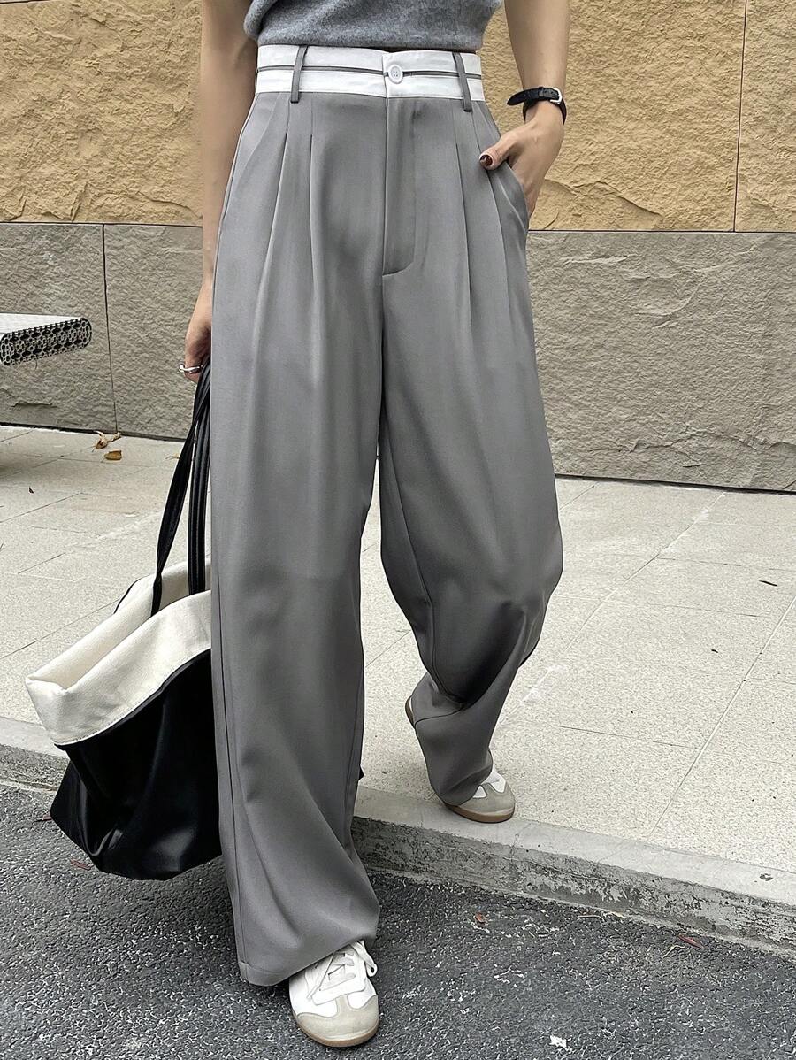 DAZY 女士休闲撞色腰带阔腿西装裤商务装 - 灰色 - 查看 1