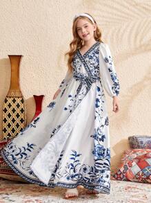 SHEIN Tween Girl Blue Floral Print Crossed V-Neck Tie Waist Flare Sleeve Elegant Midi Dress, Chinoiserie Floral Print, Countryside Vibe, Casual Vacation, Travel, Bohemian - Blue and White - View 4