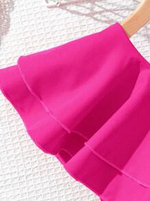 Teen Girls' Solid Color Ruffle Splice Round Neck Tie Waist Fashion Mini Dress - Hot Pink - View 3