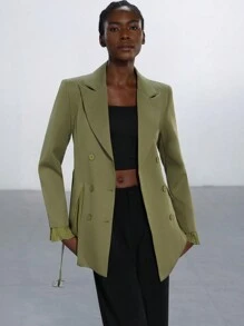 Aveloria Modichic Elegante chaqueta de blazer de manga larga para mujer, con diseño de parche de gasa de doble botonadura, cinturón y marca de nicho de alta gama, para uso cotidiano - Verde militar - Ver 6