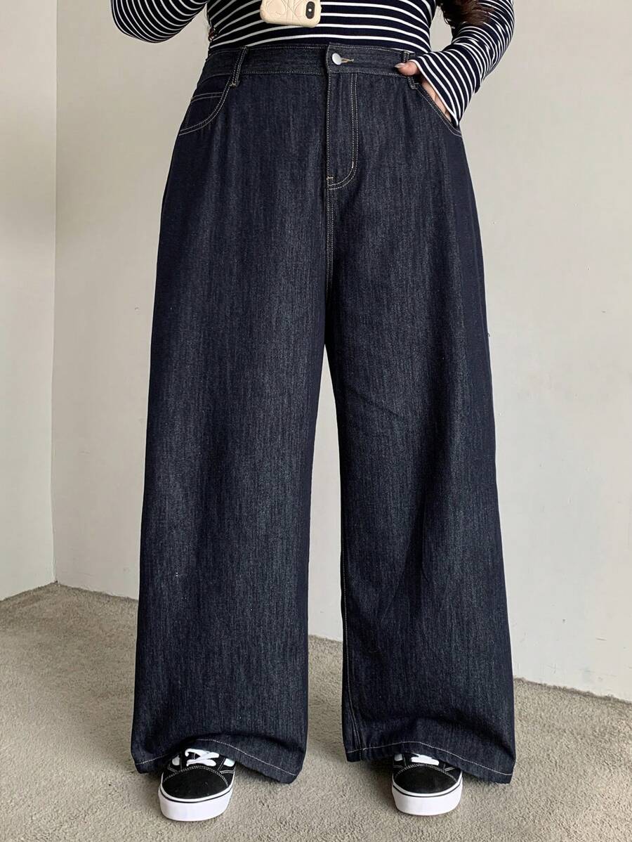 Dazy Plus Quần Jeans Ống Rộng Rộng Màu Sẫm, Dùng Cho Mọi Mùa - Rửa tối - Xem 1