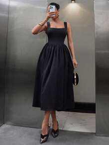 Vestido negro largo con detalles de corsé y falda extra ancha para mujer - Negro - Ver 4