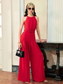 ZEYLAH WOMEN'S FOLD PLEATED HALTERNECK BELTED WIDE LEG JUMPSUIT FOR VALENTINE'S DAY OUTFIT,SPRING/SUMMER