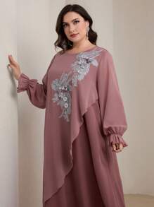 Graceveil 大码女式灯笼袖雪纺覆盖重磅刺绣休闲宽松中长连衣裙