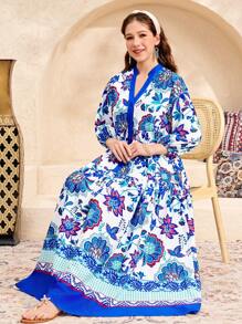 SHEIN Teen Girls Elegant Holiday Print Long Dress, V-Neck, Lantern Sleeves, Loose A-Line, Blue, Spring/Summer