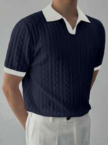 DAZY Men's Contrast Color Patchwork Knitted Sweater Top, Summer - Navy Blue - View 6