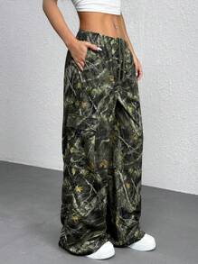 SHEIN EZwear 女士迷彩印花抽绳休闲运动裤 - 軍綠色 - 查看 5