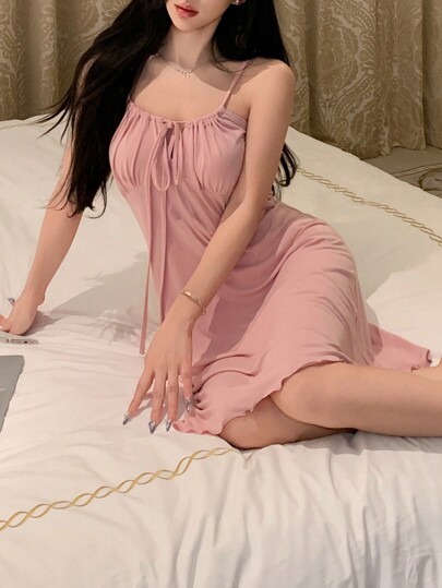 DAZY Plain Color Pleated Drawstring Strap Nightgown Pajama