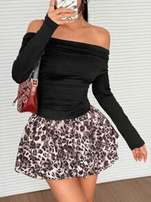 SHEIN EZwear 女士纯色露肩拼接简约长袖迷你连衣裙 - 黑色 - 查看 1
