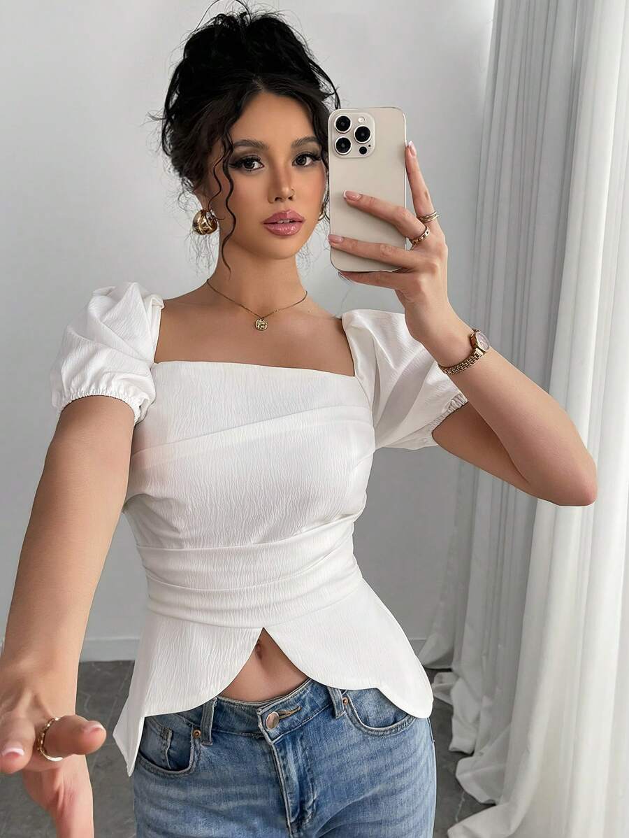 SHEIN Unity Square Neck Puff Sleeve Waist Cinched Bowknot Back Asymmetrical Hem Design Women's Blouse, Elegant Office Work Fashion Shirt - White - View 1