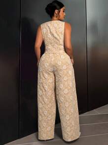 SHEIN Unity 大码女式花卉提花单排扣背心和阔腿裤套装