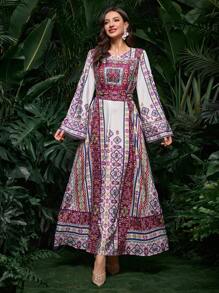 Al Najma V领喇叭袖高低下摆阿拉伯风格长裙，春夏，阿拉伯连衣裙，端庄 - 彩色 - 查看 7