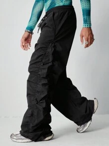 ROMWE MEN Street Life Pantalones largos sueltos de hombre con pliegues laterales y capas